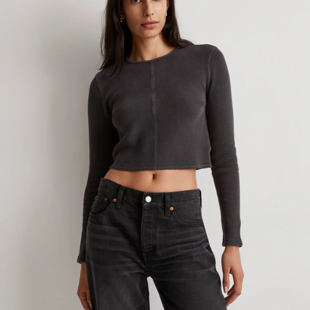 Waffle Knit Crewneck Crop Tee